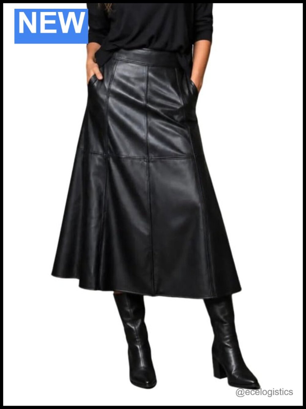 Faux Leather Midi Skirt High Waist Vegan Leather Flared Skirt with Pockets